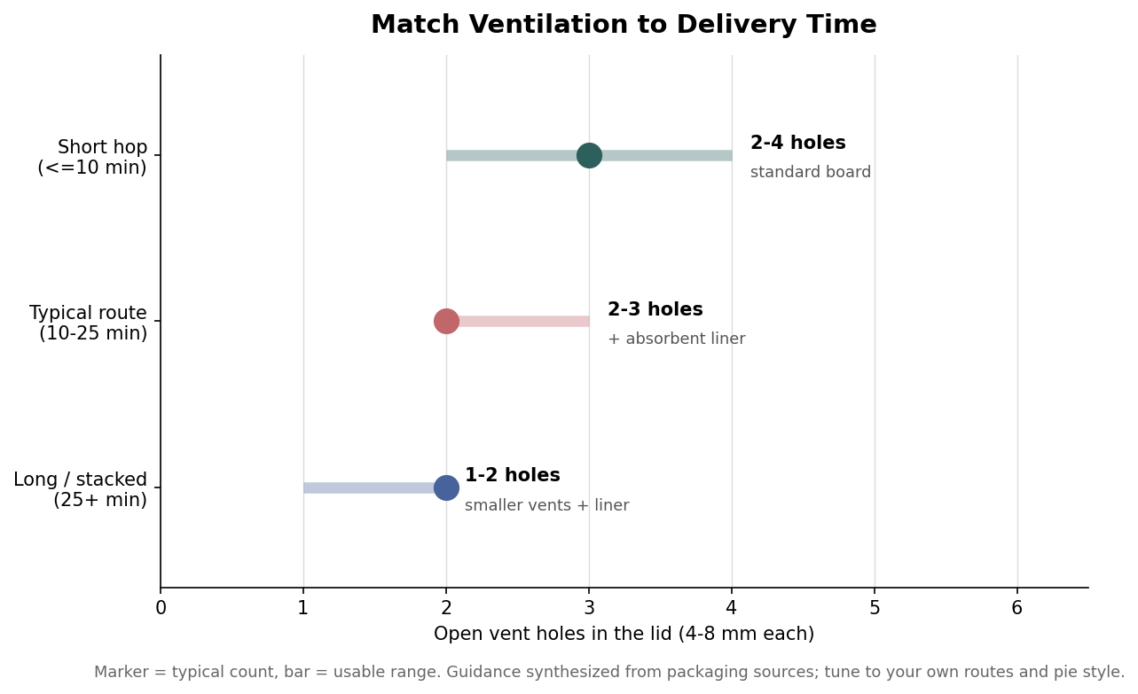 Dot plot showing recommended number of open vent holes in a pizza box lid by delivery time band, with ranges and liner recommendations
